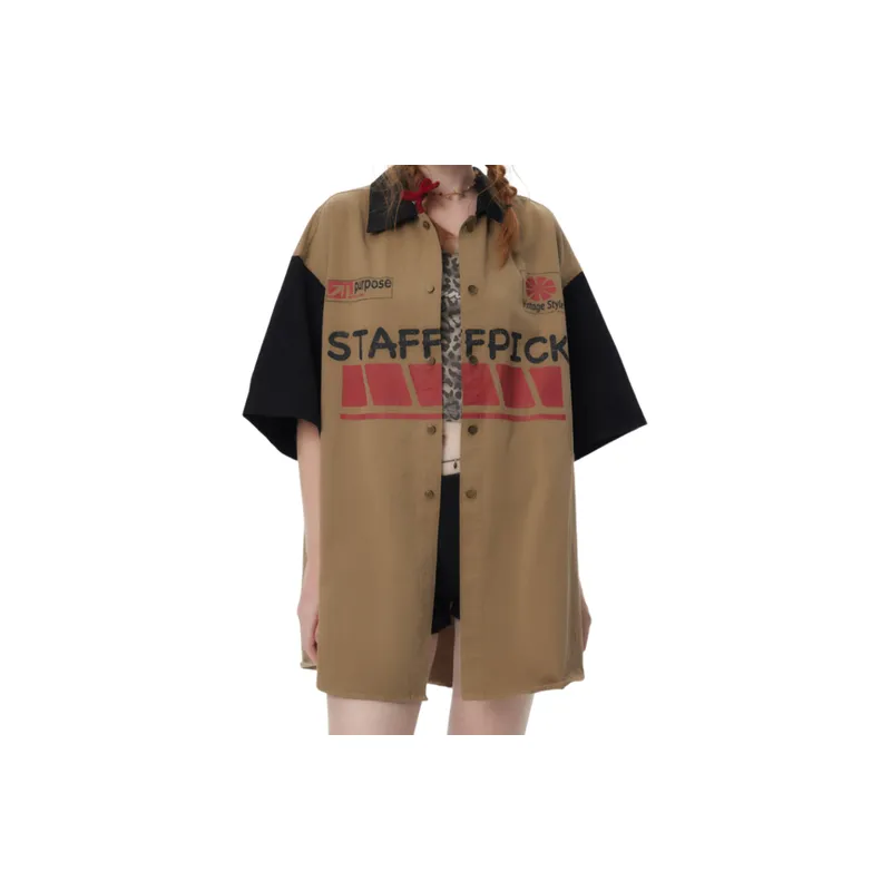 Colorblock Letter Printed Short Sleeve Shirt-2