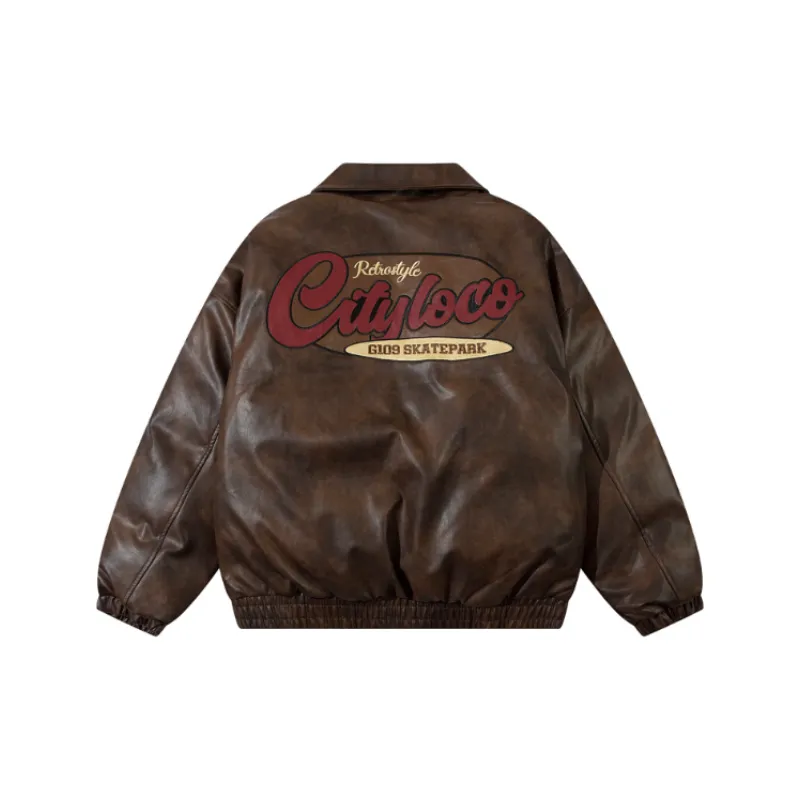 Vintage Letter Embroidered Collar Puleather Thickened Cotton padded Coat-5