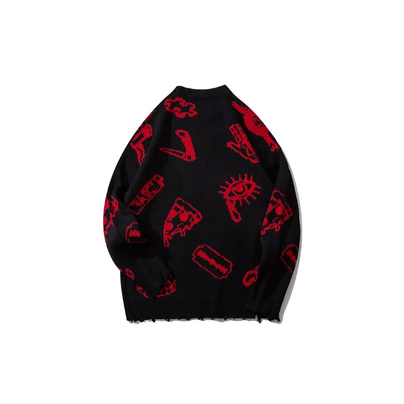Fashion Brand Hip Hop Graffiti Hole Jacquard Pattern Knitted Sweater-1