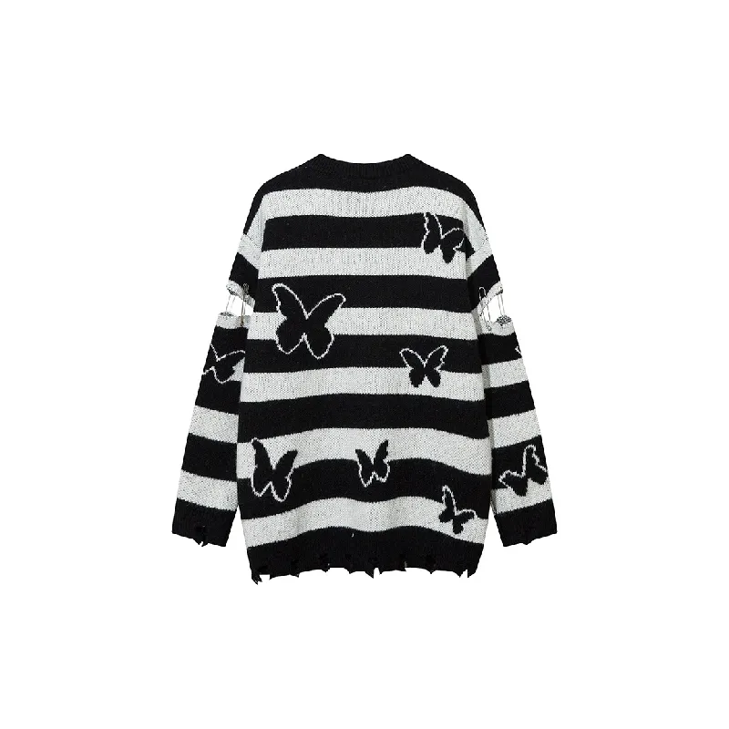 Retro Contrast Color Striped Butterfly Blended Synthetic Fabrics Sweater-1