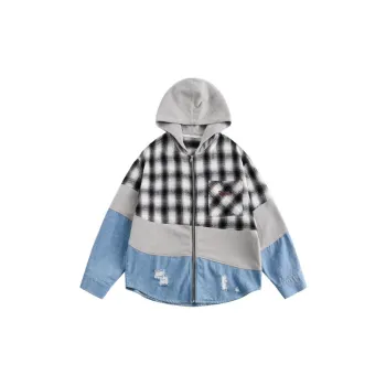 Niche Casual Plaid Stitching Design Sense Hooded Shirt
