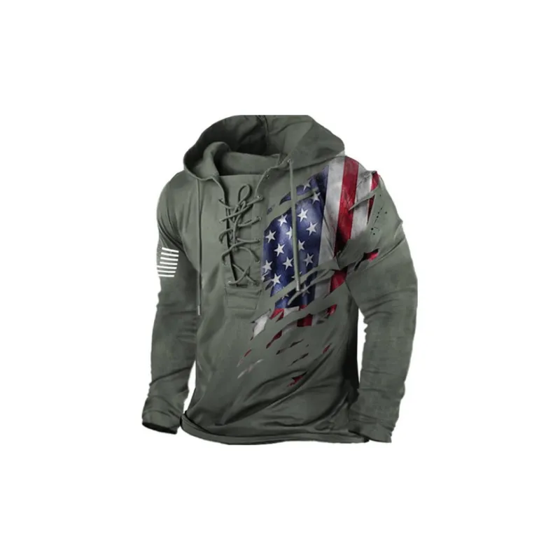 Retro Flag Printing Lace up Hoodie-2