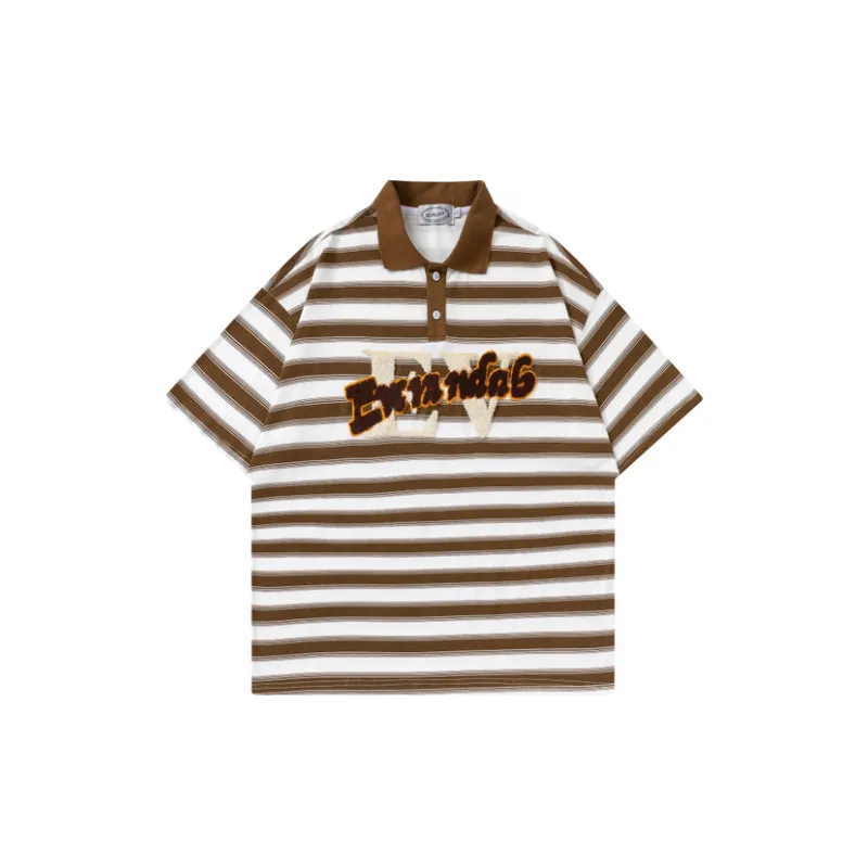 Loose Embroidery Striped Polo Shirt-6