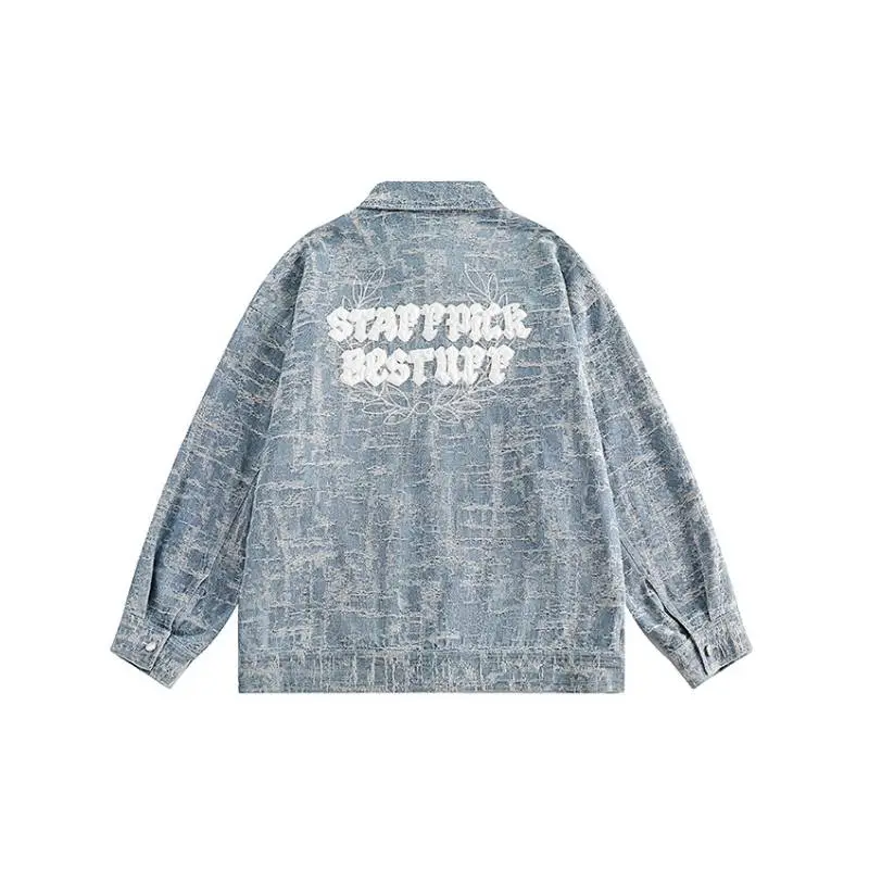 Washed Jacquard Letter Lapel Denim Jacket-1