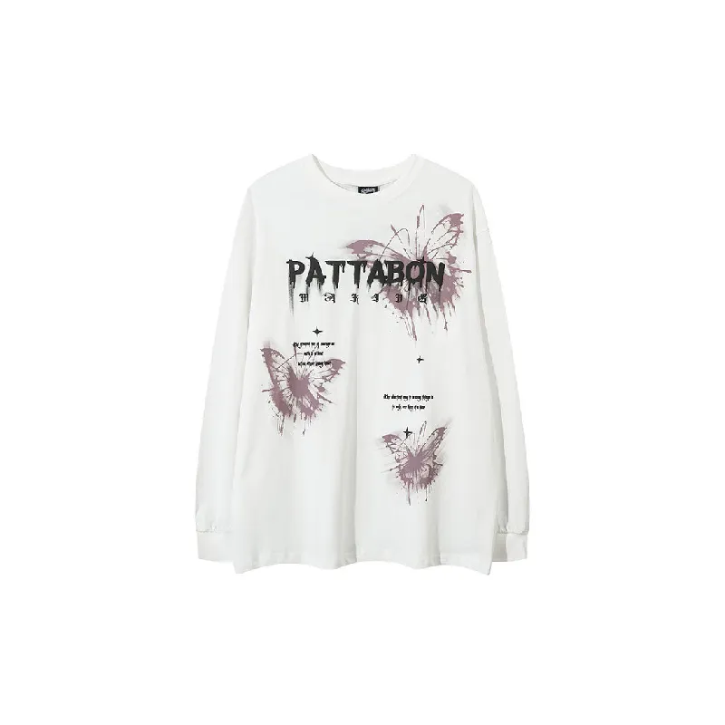 Retro Butterfly Print Long Sleeve Cotton T Shirt-4