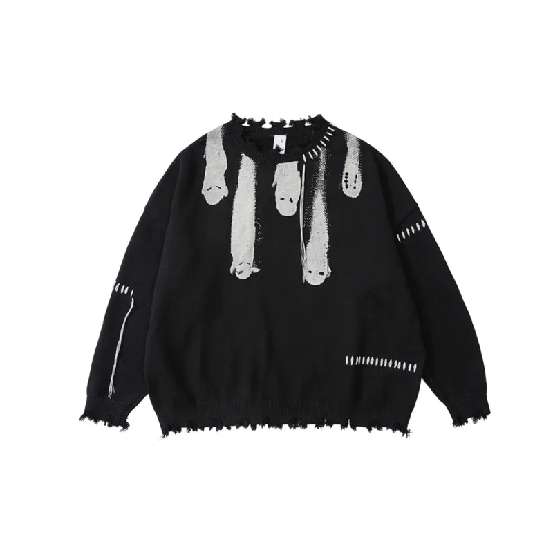 Meteor Falling Crewneck Fringed Designer Printed Wool Sweater
