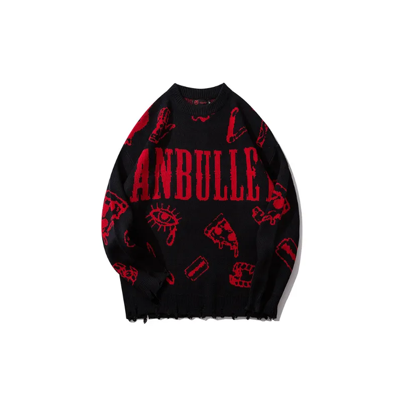 High Street Hip Hop with Hole Fashionable Loose Lazy Style Knitted Sweater-3