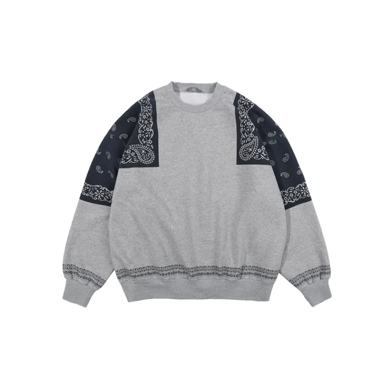New Fashion Brand Retro Cashew Flower Stitching and Velvet Crewneck Loose Sweatshirt-3