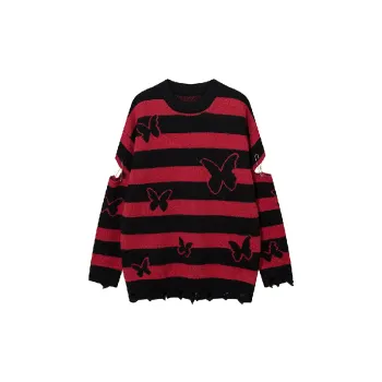 Retro Contrast Color Striped Butterfly Blended Synthetic Fabrics Sweater