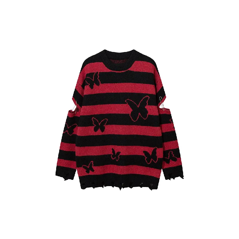 Retro Contrast Color Striped Butterfly Blended Synthetic Fabrics Sweater-4