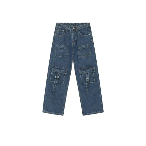 Street Multi-Pocket Stitching Design Wide Leg Cargo Jeans