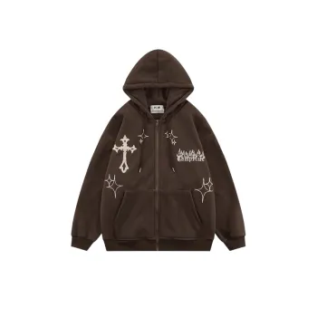 Cross Embroidered Zipper Hoodie