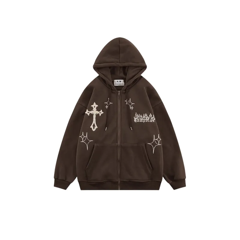 Cross Embroidered Zipper Hoodie-2