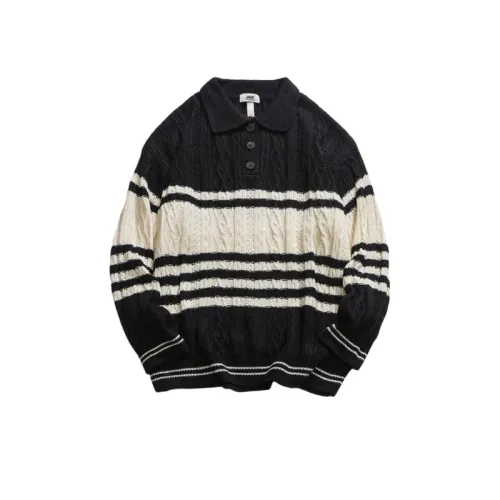 Retro Twist Striped College Style Polo Neck Knitted Sweater