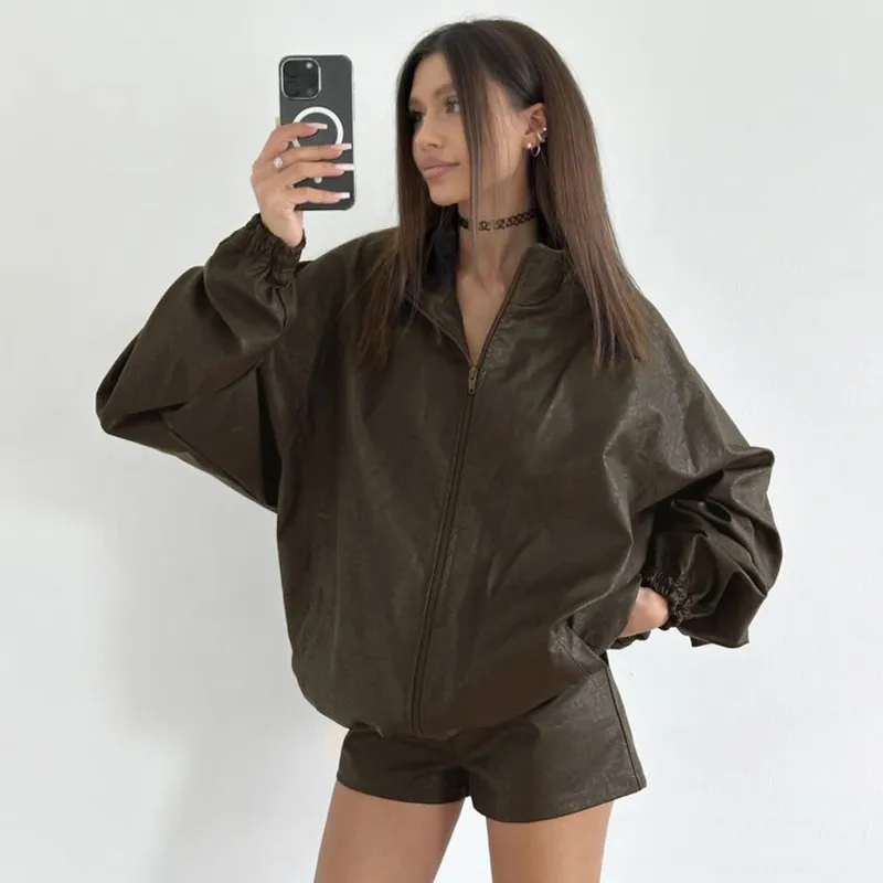 Cool Simple Leather Jacket Women-2