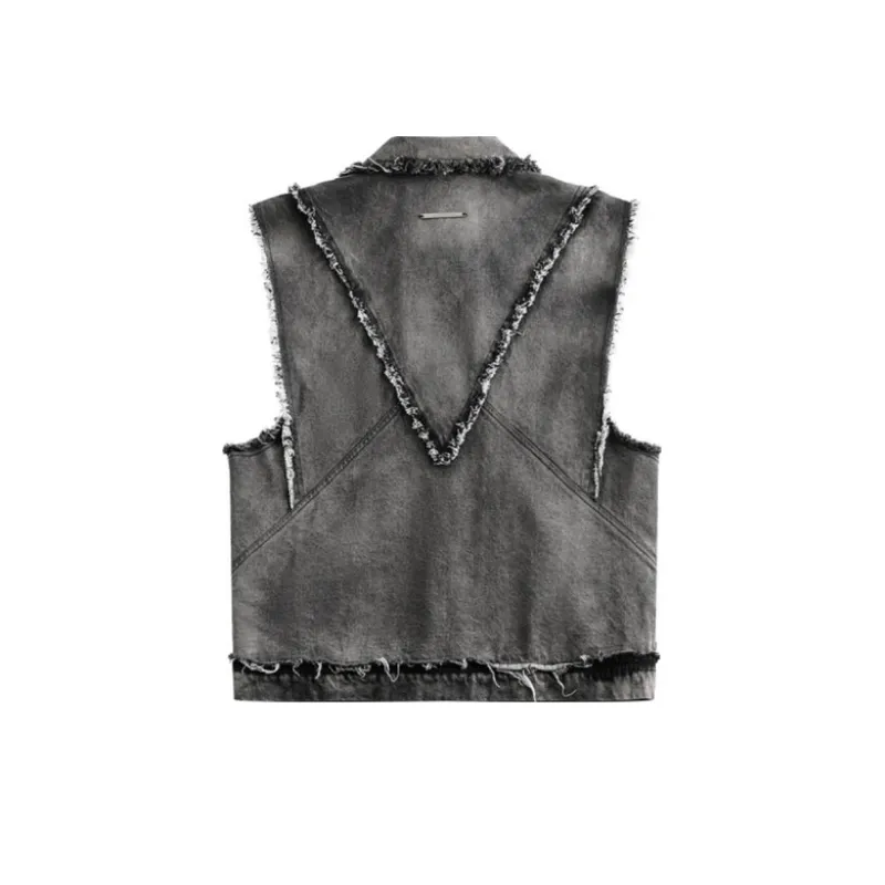 Raw Edge Splicing Denim Vest-5