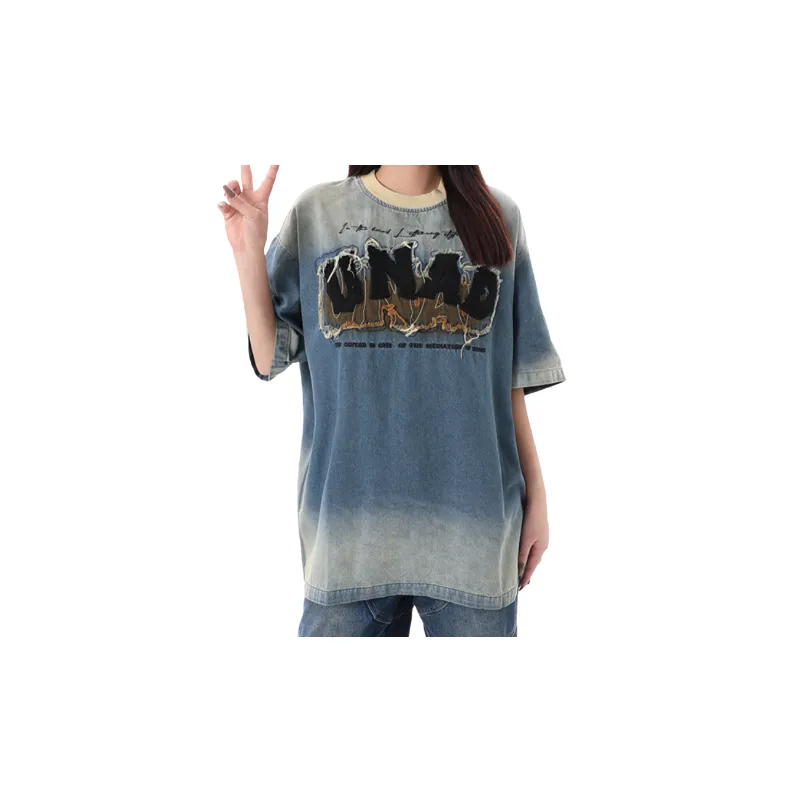 Retro Letter Denim T-Shirt-2