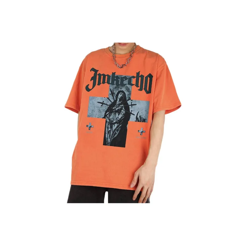 Retro Antique Washed Cross Figure Print T shirt-4