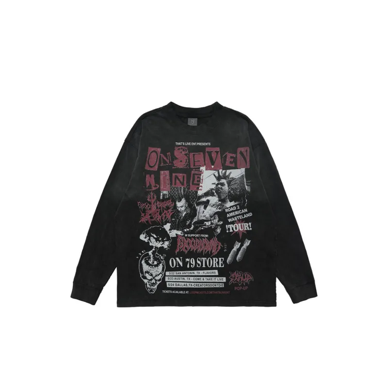 Retro Washed Distress Printed Loose T Shirt-0