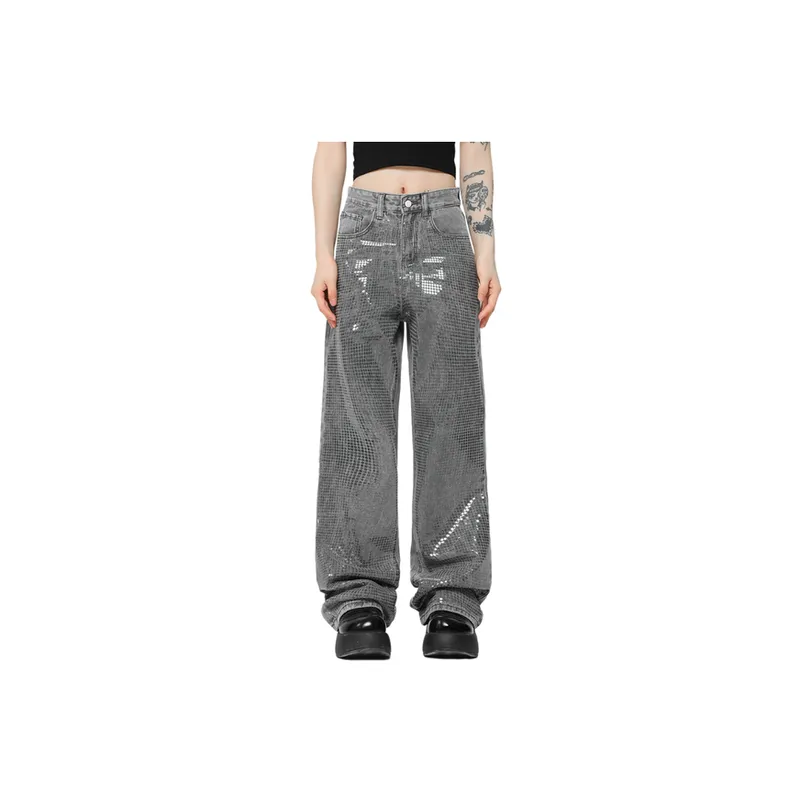 Trendy Sequined Retro Washed Jeans-2