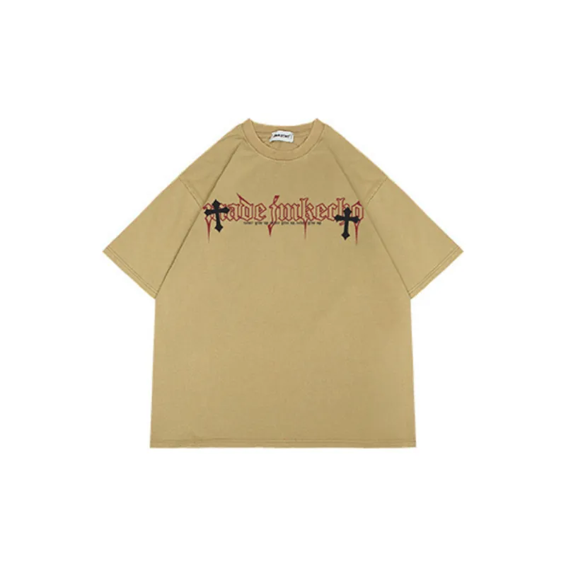 Vintage Cross Printed Washed Short sleeved T shirt-12