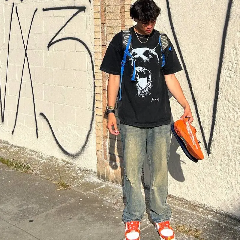 Doberman Print Washed T shirt swag OOTD-5
