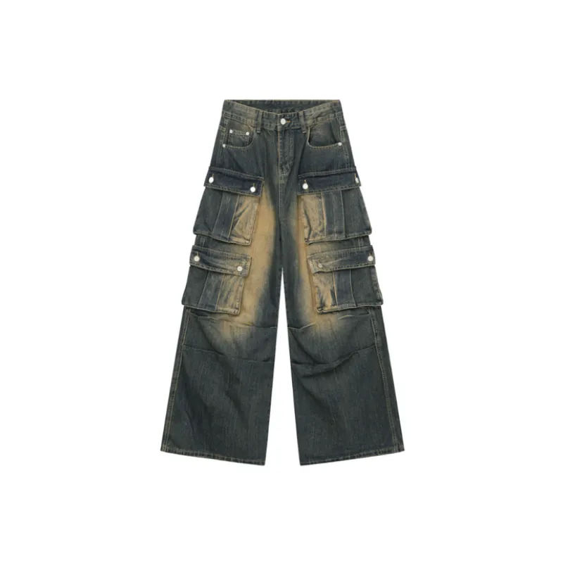 High Street Loose Straight Multi pocket Wide Leg Jeans