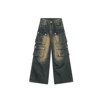 High Street Loose Straight Multi pocket Wide Leg Jeans