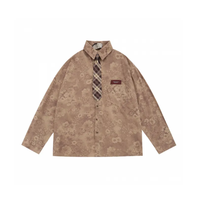 Loose Retro Floral Full Print Long Sleeve Shirt-0
