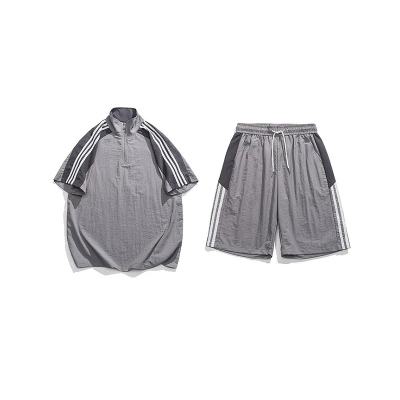 Sports Suit Men's Summer Ice Silk Quick drying Two piece Set Half zipper Short sleeved T shirt Casual Shorts With A Set Of Trendy-4