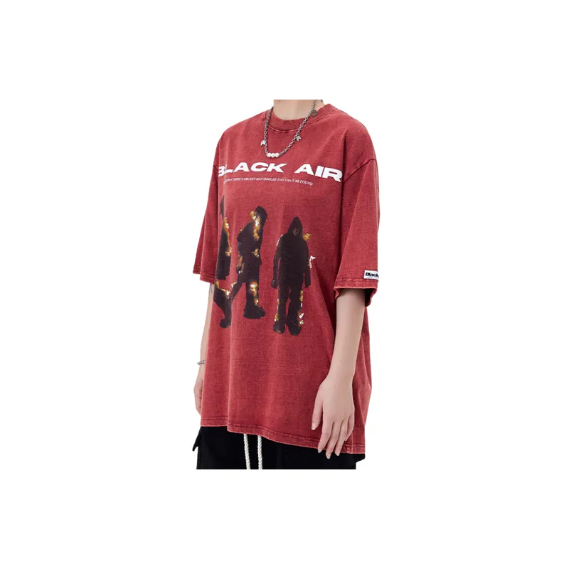 Retro Trendy Washed Distressed Flame Printed Short sleeved T shirt-2