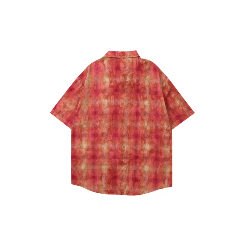 Retro Antique Plaid Tie Dye Stitching Embroidered Short Sleeved Shirt-1
