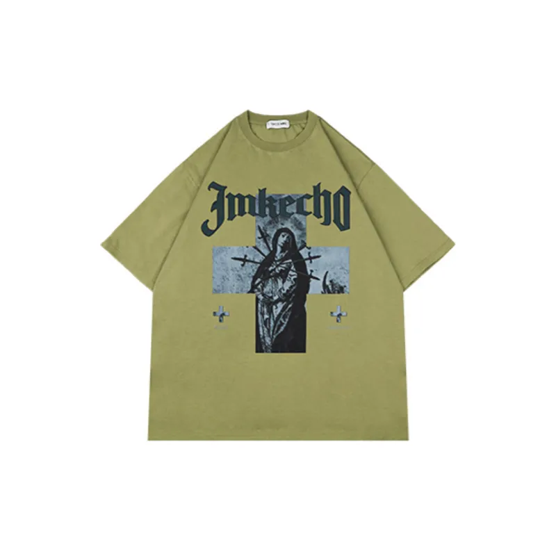 Retro Antique Washed Cross Figure Print T shirt-15
