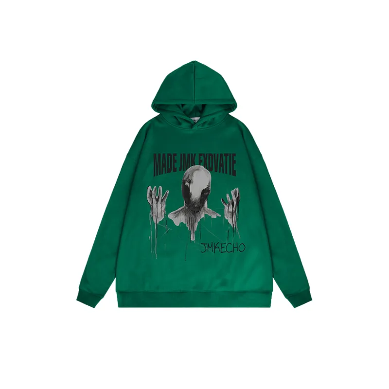 Retro Dark Ghost Print Fleece High Street Loose Hoodie-4