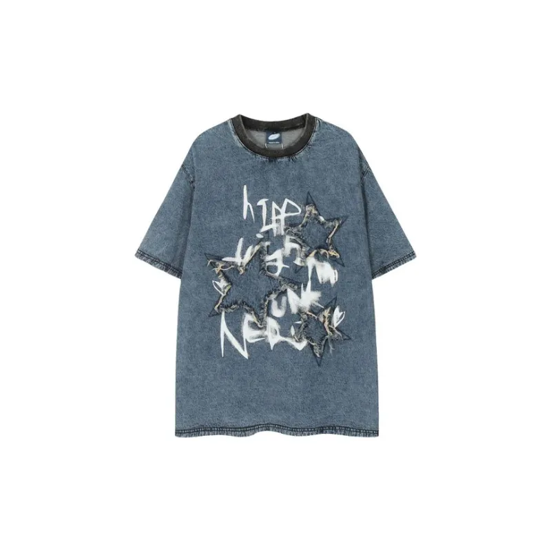 Graffiti Denim Patch Embroidery T Shirt