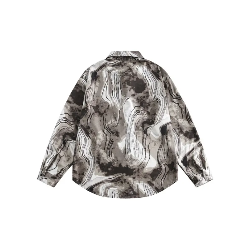 Ink Print Lapel Loose Long Sleeve Shirt-1