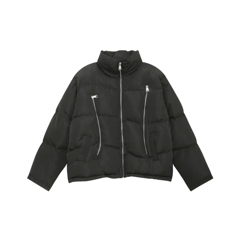 Retro Double Zipper Tooling Collar Cotton padded Coat-4