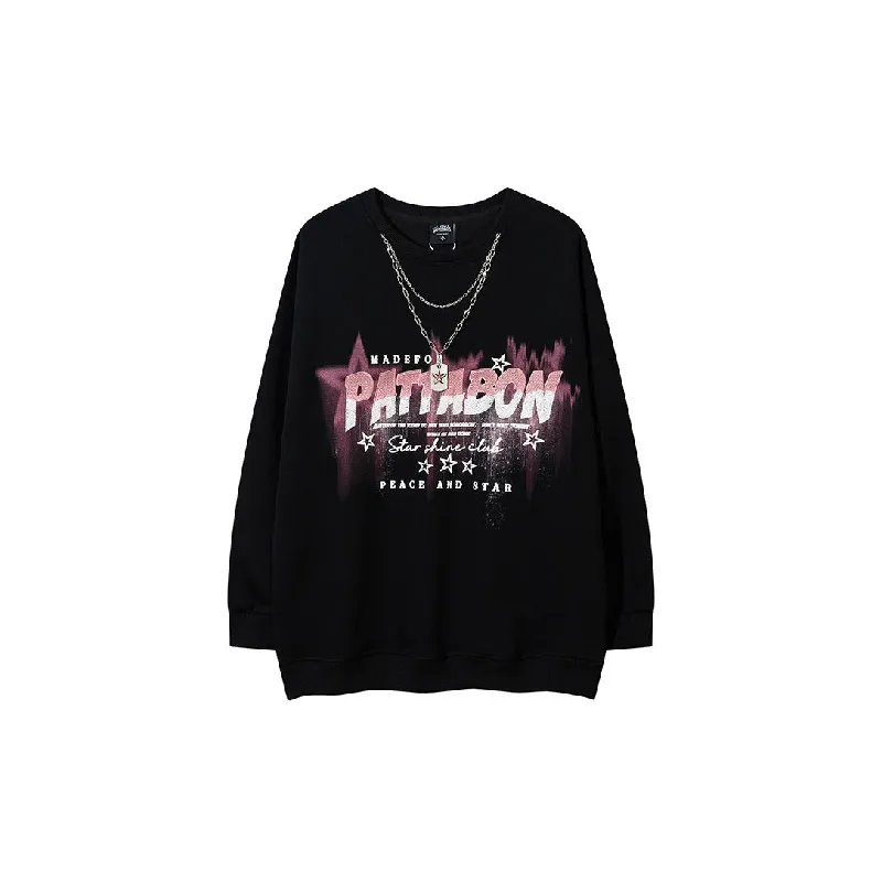 Retro Star Letter Embroidered Long Sleeve Cotton T Shirt-0