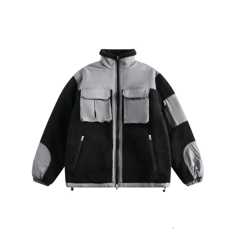 Splicing Stand Collar Cotton Coat-4