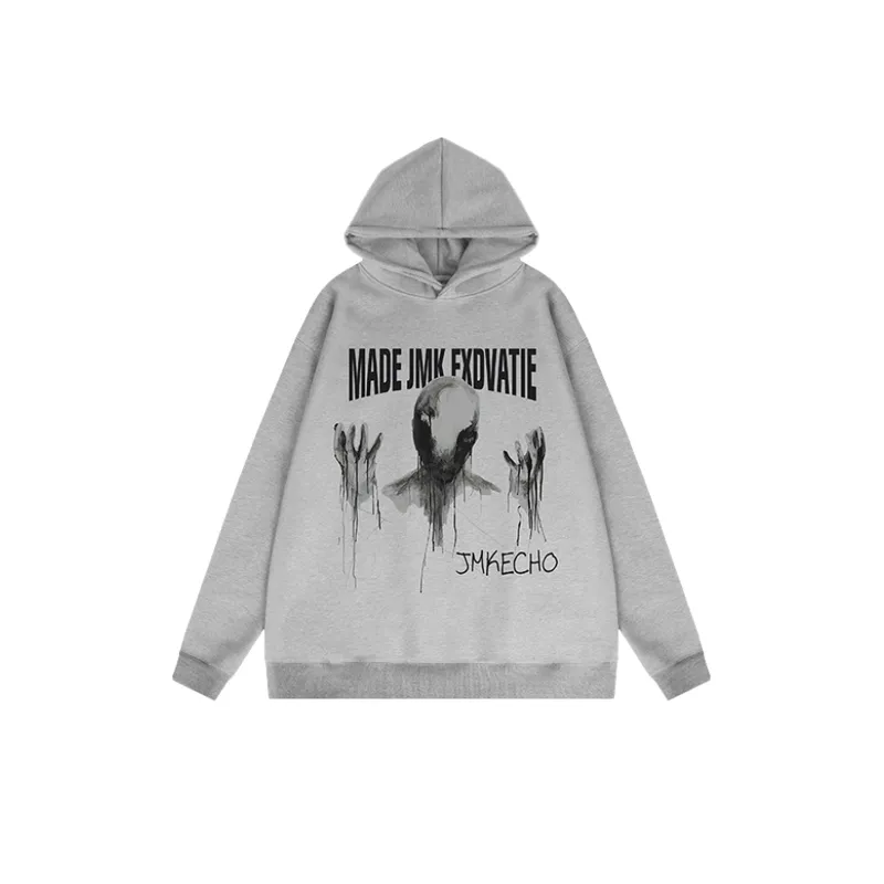 Retro Dark Ghost Print Fleece High Street Loose Hoodie-0