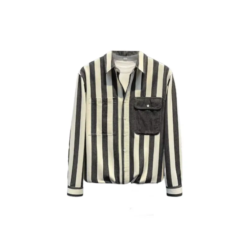 Trendy Color Matching Vertical Stripe Lapel Shirts-3