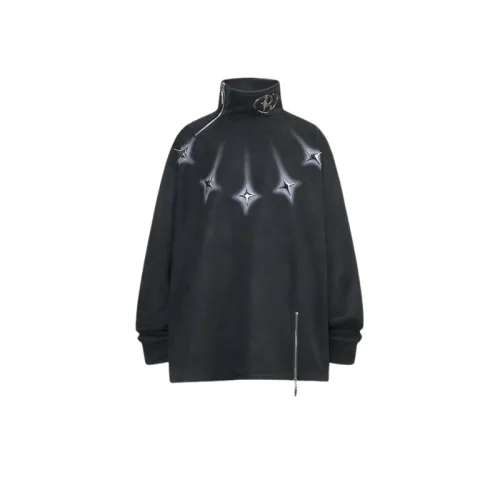 High Street Irregular Zipper Design Reflective Metal Buckle Vertical Collar Print Pullover Fleece Sweatshirt