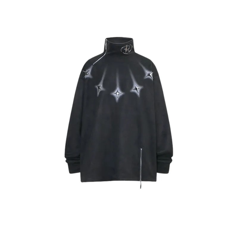 High Street Irregular Zipper Design Reflective Metal Buckle Vertical Collar Pullover Fleece Sweatshirt-0