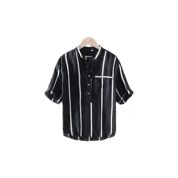 Striped Stand Collar Short Sleeved Shirt