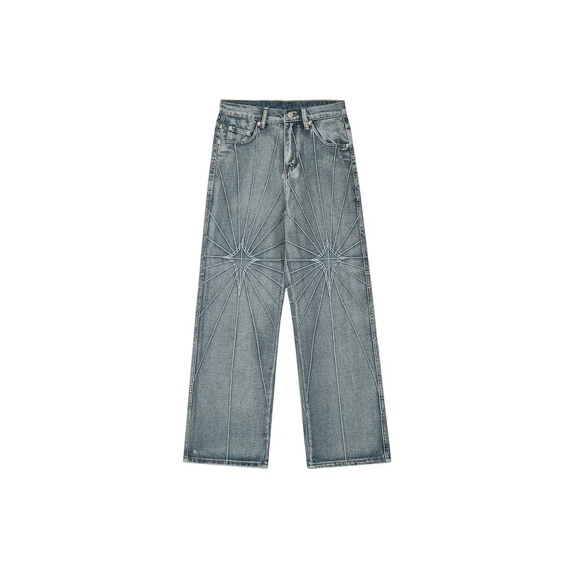 Mid Waist Embroidered Washed Dipped Casual Wide Leg Pants