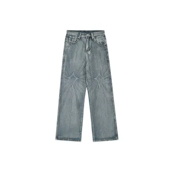 Mid Waist Embroidered Washed Dipped Casual Wide Leg Pants