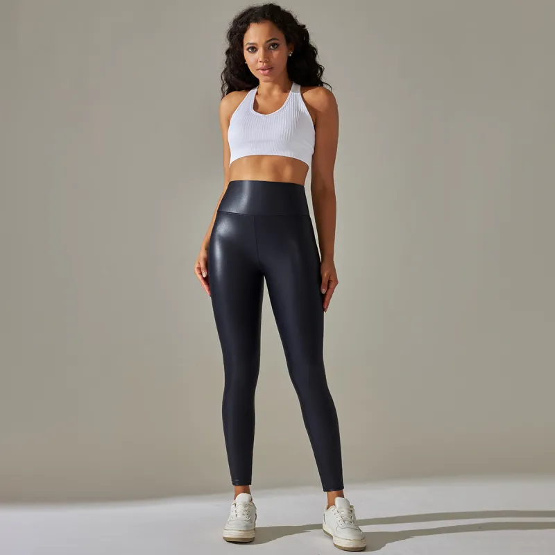 Sexy Plain PU Sports Pants Women-2