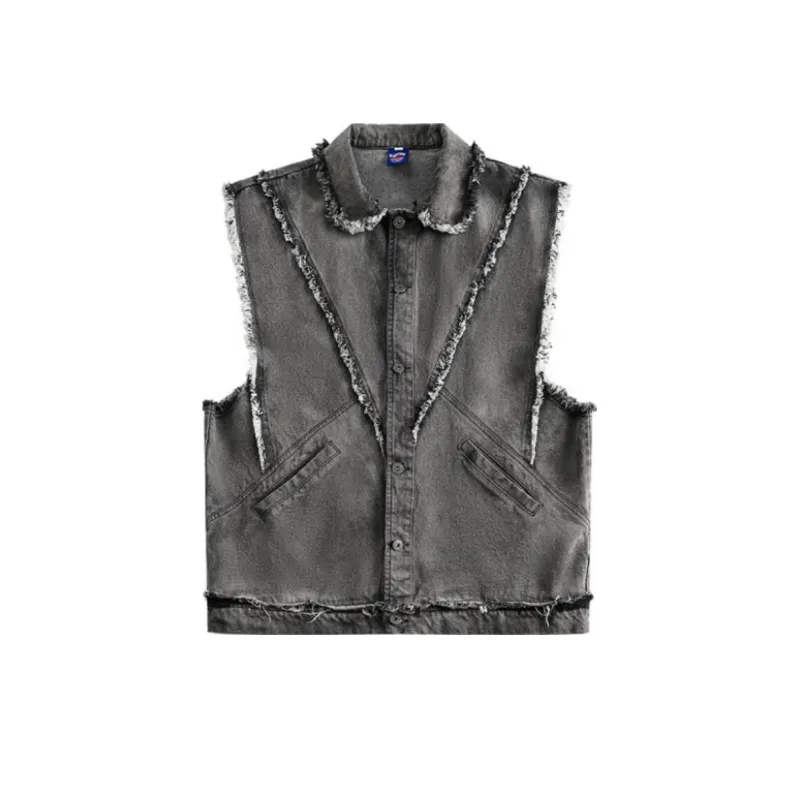 Raw Edge Splicing Denim Vest-4