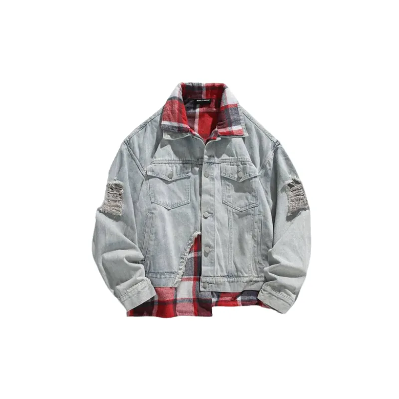 Casual Old Red Plaid Denim Jacket