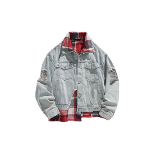 Casual Old Red Plaid Denim Jacket